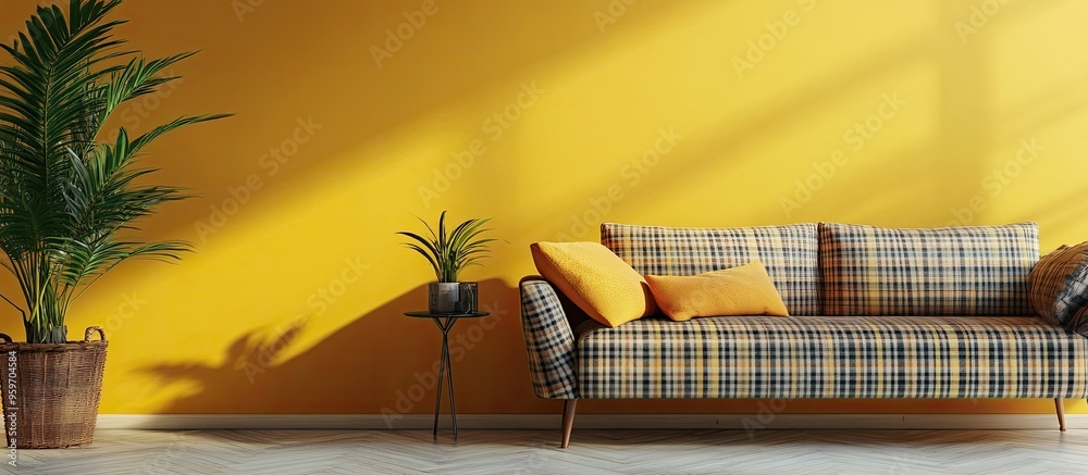 Aufkleber stylish sofa with a plaid pattern next to a yellow wall in the living room. with copy space image. p