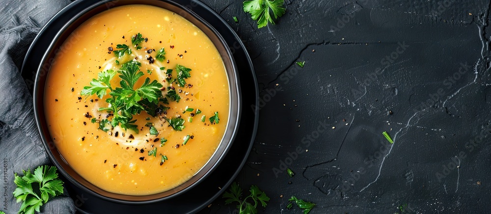 Poster vegan cream soup top view with copy space various pureed soups set against a black background