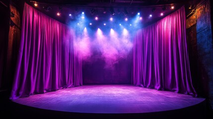 Theatrical stage with purple curtains and dramatic lighting