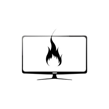 recommend clip art: line art of flat-screen television on fire, burning with flames, isolated on white background