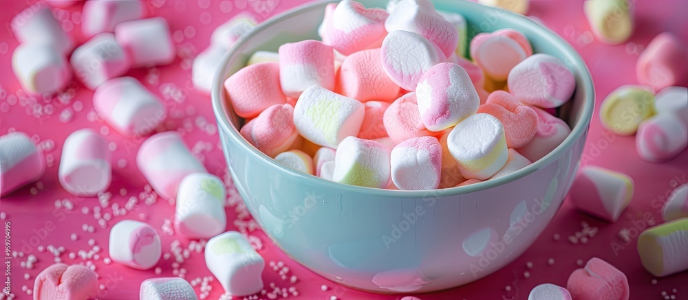 Aufkleber Bowl filled with colorful marshmallows on a white table Room for text. with copy space image. Place for adding text or design
