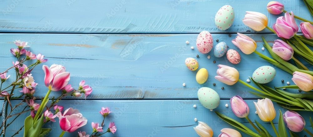 Poster easter table arrangement featuring tulip flowers and eggs along with a tag that says happy easter se