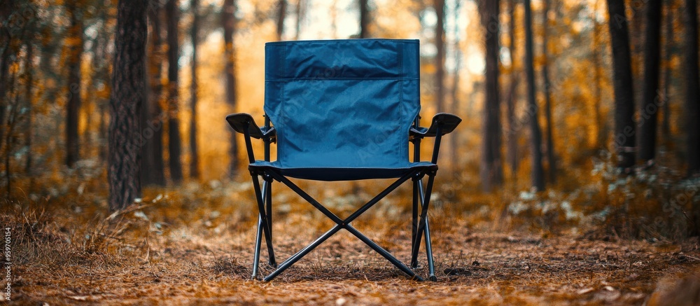 Poster blue trekking folding chair in the forest. with copy space image. Place for adding text or design