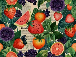 Fruit Still Life with a Purple and newspaper Background