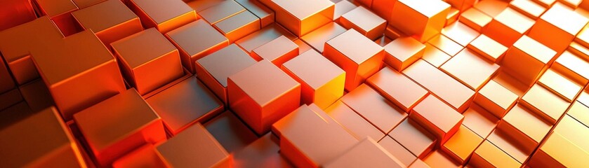 Deep 3D orange squares pattern, gradient lighting, shadow interplay, metallic sheen. Abstract and Minimalistic Design Backgrounds