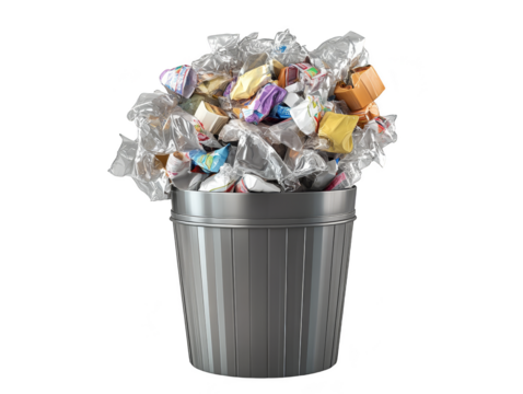 Overflowing Trash Bin with Plastic and Aluminum Waste