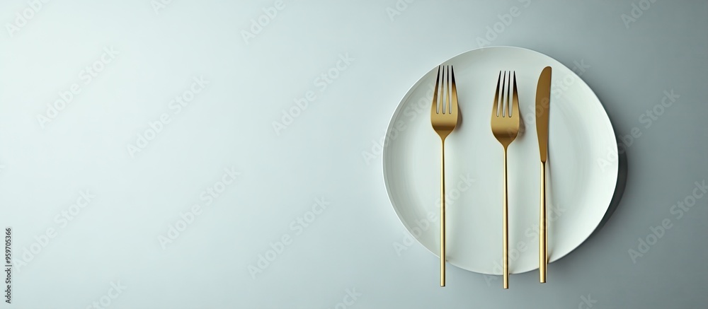 Aufkleber Elegant table setting featuring golden cutlery on a grey background. with copy space image. Place for adding text or design