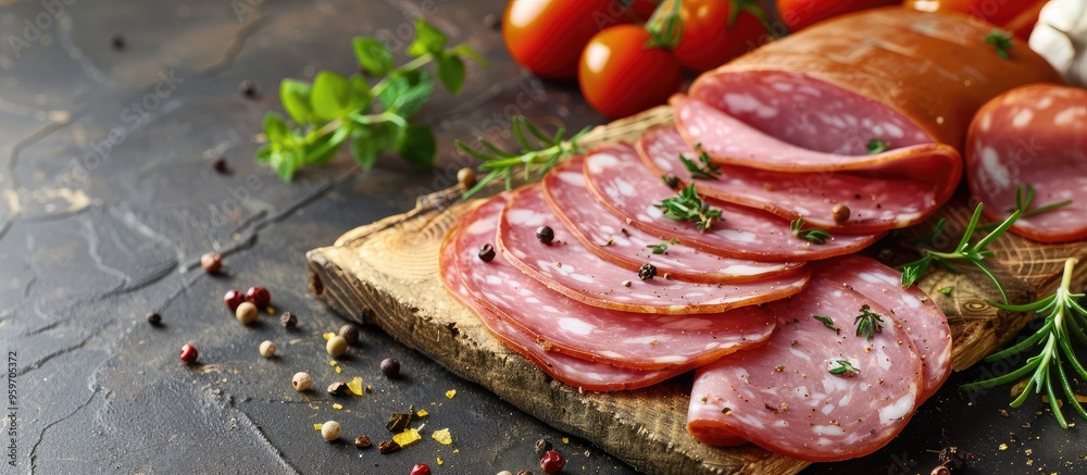 Poster mortadella slices with marinated vegetables for eating cooking or as an appetizer meal food snack on