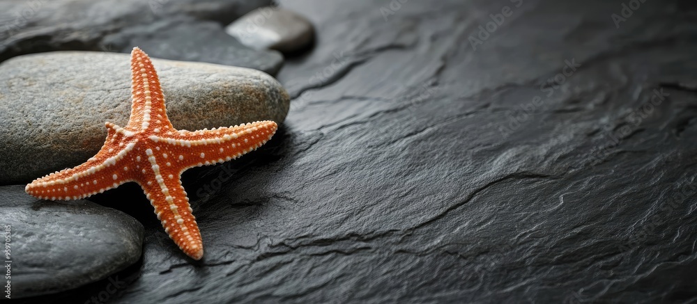 Aufkleber lovely starfish on black stone by the sea room for text. with copy space image. place for adding tex
