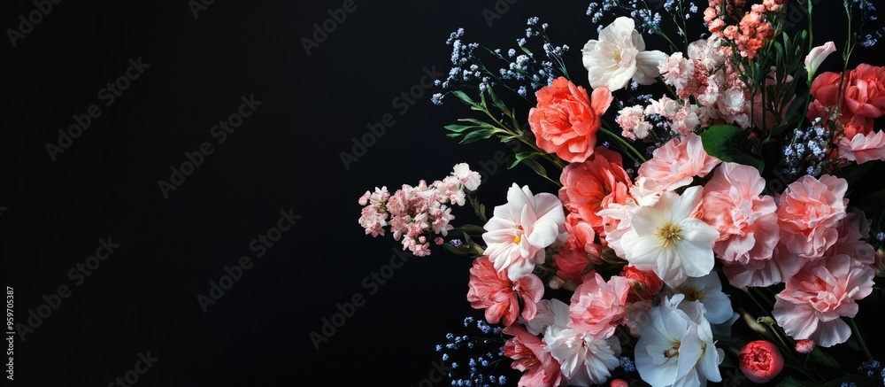 Poster fresh flowers leak onto a black background. with copy space image. place for adding text or design