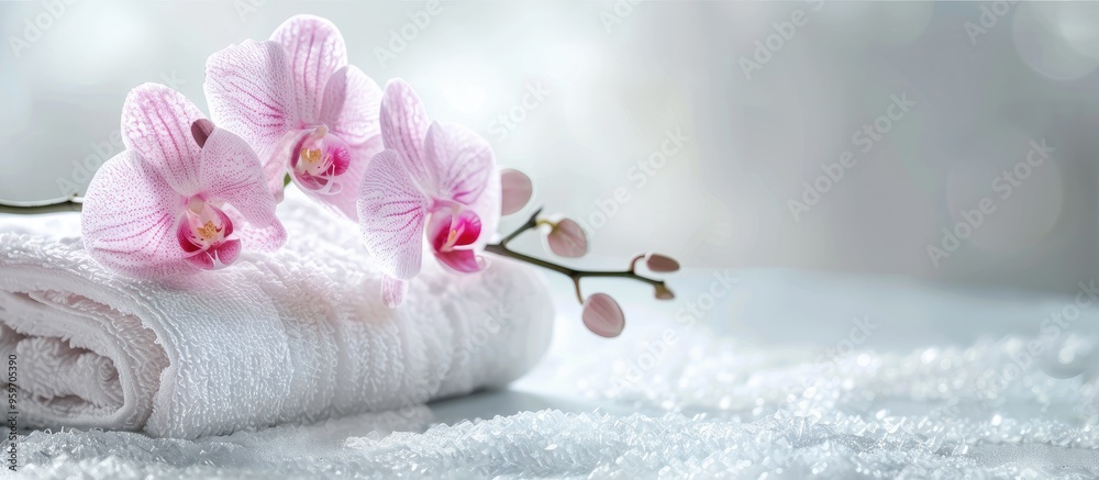 Poster spa arrangement featuring a towel and a pink flower on a white background with copy space square ima