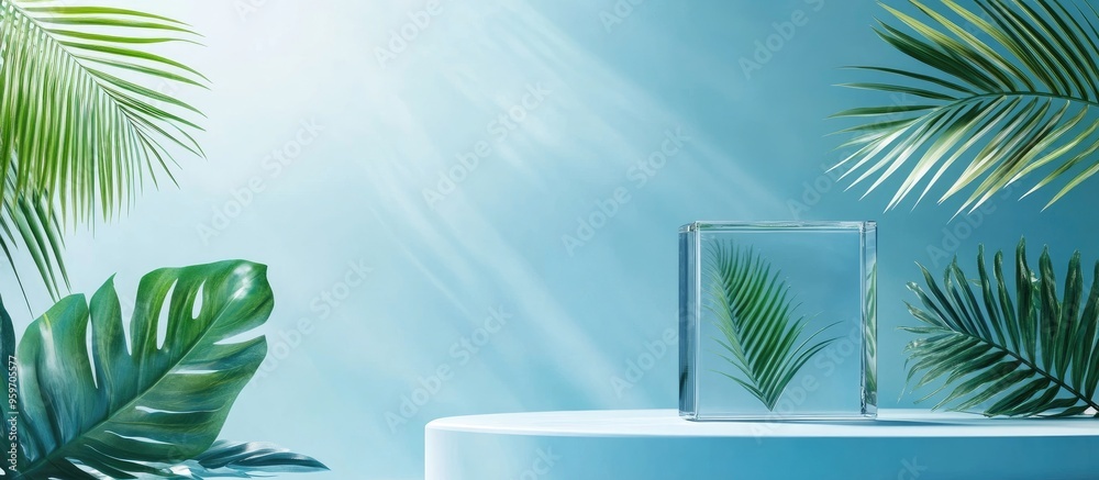 Poster transparent cube podium with leaves on a blue background for products a stylish showcase mock up for