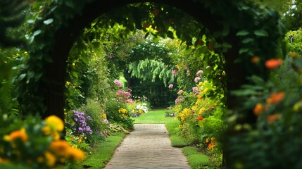 Fototapeta premium Stone path through a lush green garden with vibrant pink and yellow flowers.