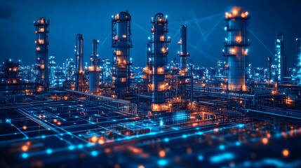Obraz premium Industrial Complex with Futuristic Digital Network at Night