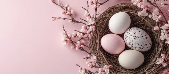 Nest with vibrant Easter eggs chocolate bunny and pussy willow branches on a light background. with copy space image. Place for adding text or design