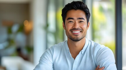 Fototapeta premium A confident young asian man smiles warmly, exuding positivity in a bright and modern interior setting 