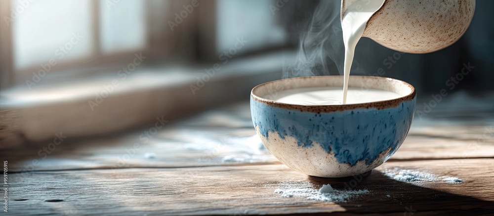Poster Pouring milk into a clay cup on a light blue wooden table with room for text. with copy space image. Place for adding text or design