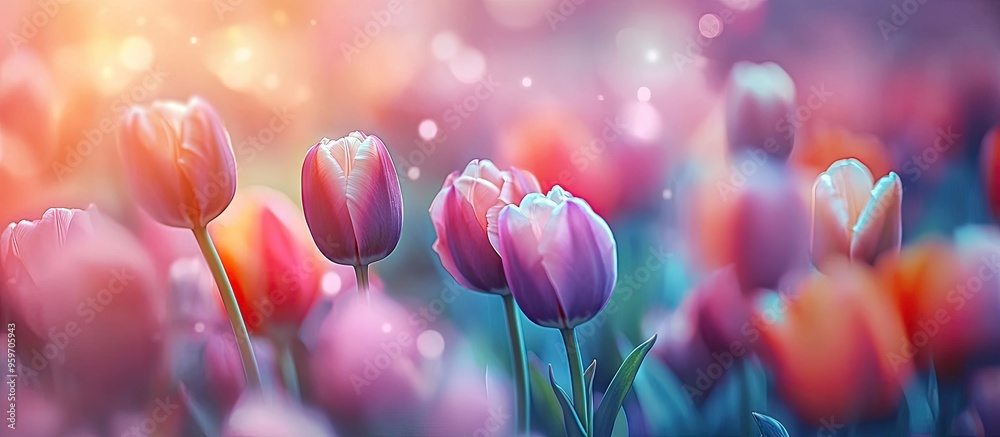 Poster Vibrant tulips bloom in spring creating a bokeh floral backdrop pastel and soft for a card with a selective focus A colorful tulip field is highlighted with selective focus Background of nature flowe