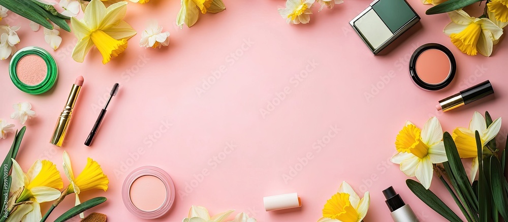 Poster Blank card with a frame of various cosmetics and daffodils on a pink background. with copy space image. Place for adding text or design