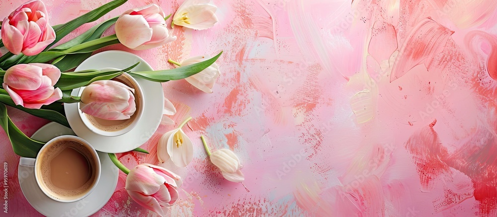 Poster spring backdrop featuring flowers a cup of coffee and a bouquet of pink and white tulips on a colore