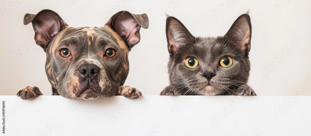 Aufkleber the staffordshire terrier dog breed and the scottish straight cat peer out from behind a banner agai