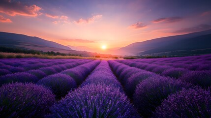 A breathtaking sunset over a vibrant lavender field, showcasing rows of lush purple flowers under a colorful sky. 