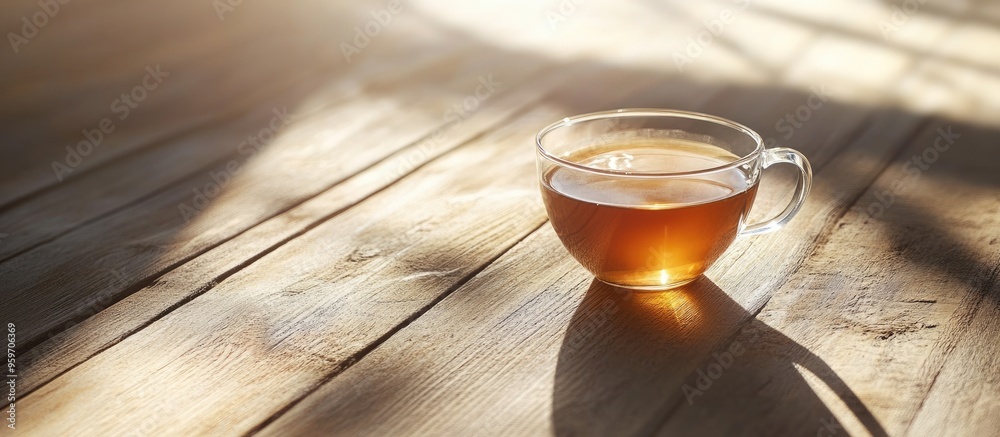 Poster glass cup of tea on aged wooden surface. with copy space image. place for adding text or design