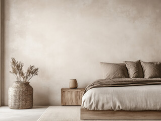 Minimalist Japanese inspired bedroom in beige tone with minimal decor and soft lighting. Contemporary Real Estate interior design composition