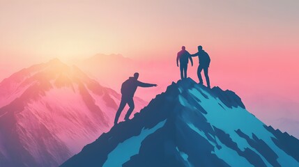 A breathtaking silhouette of three climbers reaching the summit of a mountain at sunrise, symbolizing teamwork and adventure. 