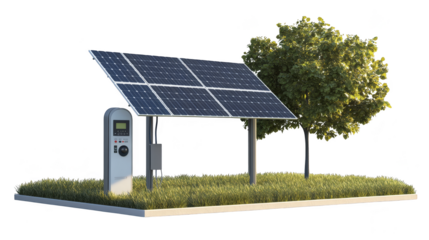 Solar Panel Powered Electric Vehicle Charging Station with Grass and Tree