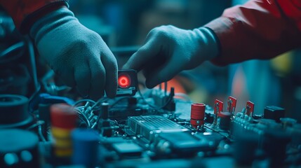 A technician is adjusting a circuit board component in a workshop, showcasing skilled hands at work in a technological environment. 