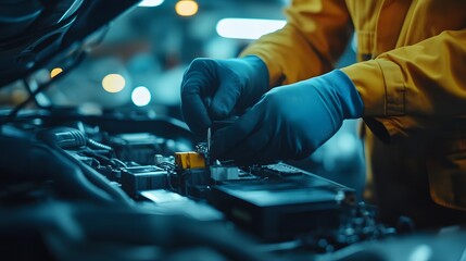 A mechanic in blue gloves is working on an automotive engine in a dimly lit garage, focused on connecting components. 