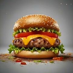 Close-up of home made tasty burger with french fries and fire flames.