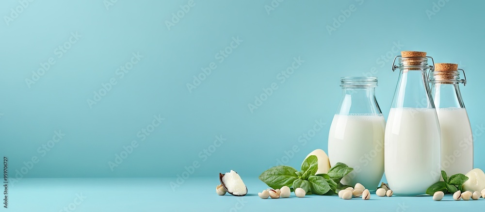 Poster ingredients for creating different plant based lactose free vegan milks alongside bottles of milk se
