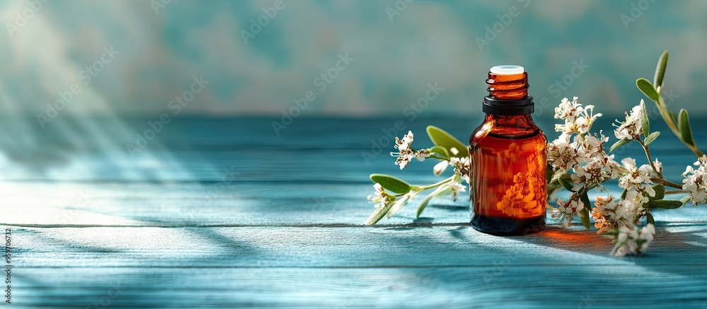 Poster spa arrangement featuring tea tree oil on a blue wooden surface. with copy space image. place for ad