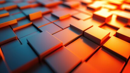 Modern 3D orange squares pattern, multi-layered with depth, sleek surfaces, cool-toned lighting. Abstract and Minimalistic Design Backgrounds
