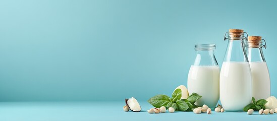 Ingredients for creating different plant based lactose free vegan milks alongside bottles of milk set against a blue background with copyspace