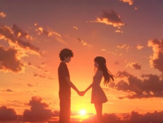 Fototapeta premium Silhouette of a Couple Against a Sunset Sky.