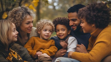 A joyful multigenerational family embraces each other in a serene autumn setting, highlighting connection and love. 