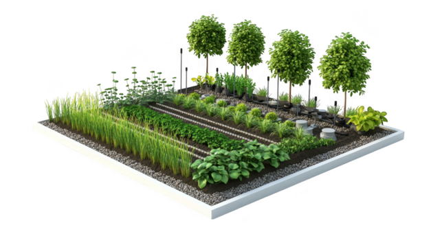 Green Roof Garden with Various Plants and Trees