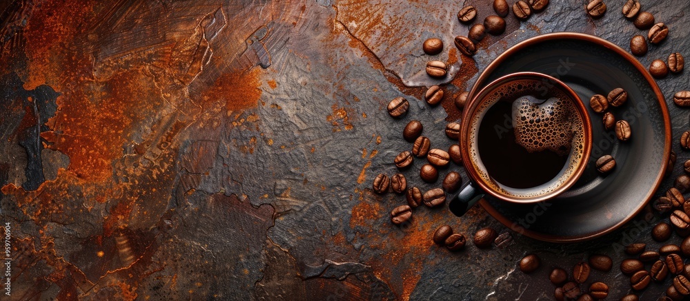 Poster Coffee cup and coffee beans on a stone surface Top view. with copy space image. Place for adding text or design