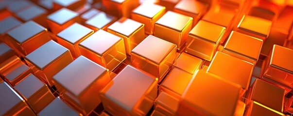 Intricate 3D orange squares, deep layering, gradient light, polished metallic texture. Abstract and Minimalistic Design Backgrounds