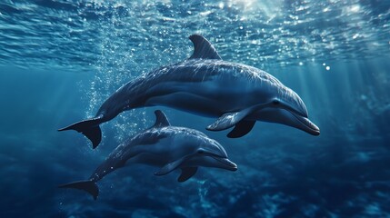 A serene underwater scene featuring two dolphins gracefully swimming together in clear blue waters, capturing the beauty of marine life and tranquility. 