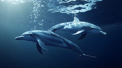 Two dolphins swimming gracefully underwater, showcasing their elegance and playfulness in a serene ocean setting. 
