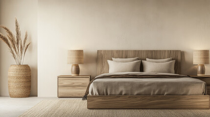 Minimalist Japanese inspired bedroom in beige tone with minimal decor and soft lighting. Contemporary Real Estate interior design composition