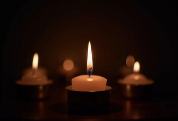 Soft light from flickering candles illuminates tranquil scene, inviting calming ambiance. Expression of regret, eternal memory and mourning. Religious ritual cult. Moments of reflection serenity. AI