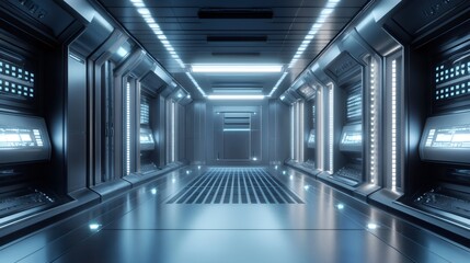 Naklejka premium Futuristic spaceship corridor with illuminated panels and a glowing floor.