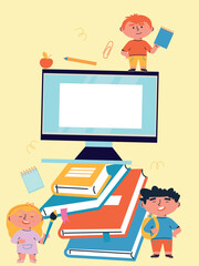 Back to school. Little boys and girls with School supplies. Cartoon flat vector illustration. Funny cartoon kids characters. Happy kids at school banner.	
