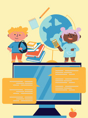 Back to school. Little boys and girls with School supplies. Cartoon flat vector illustration. Funny cartoon kids characters. Happy kids at school banner.	
