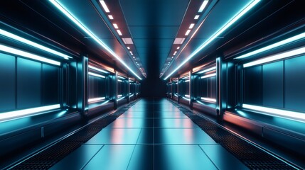 Fototapeta premium Futuristic tunnel with blue and red neon lights.